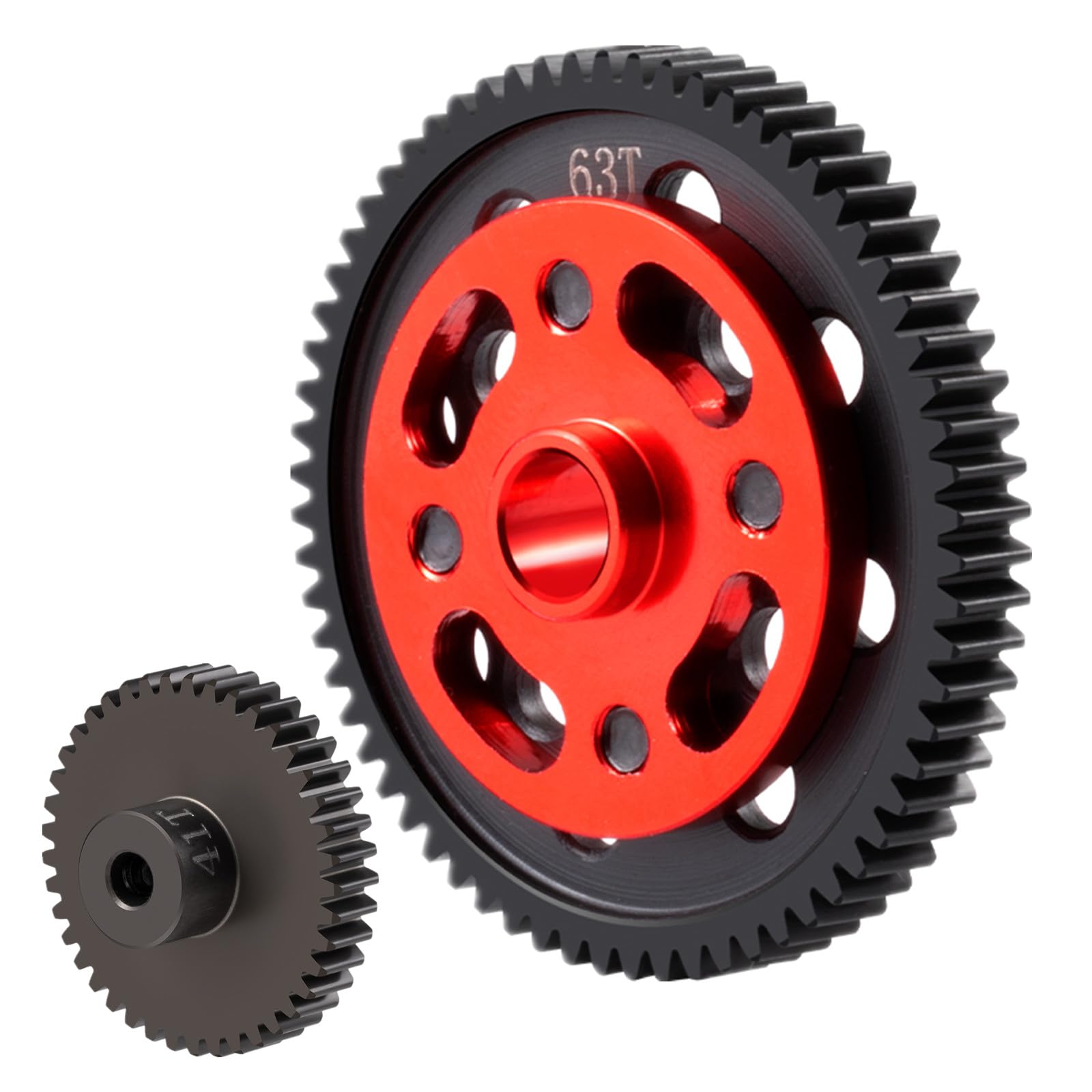 QUPA AM STORE 63T 64T 66T 71T Steel High Speed Spur Pinion Gear Set for Tamiya TT-02/TT-02D/TT-02R/TT02 TYPE-S/TT-02 SRX RC Cars Upgrade (63T-41T-Red)