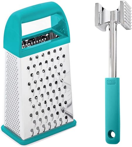 Gorilla Grip Rallador de caja de acero inoxidable y ablandador de carne, ralladores de queso XL de 4 caras con mango de 10 pulgadas, ablandador de