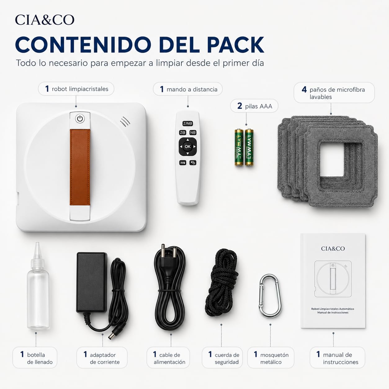 Cia&Co Robot Limpiacristales Automático con App y Mando, Doble Pulverización, 2500 Pa, 3 Modos Z/N, UPS de Respaldo 30 Min y Cuerda de Seguridad para Ventanas y Espejos