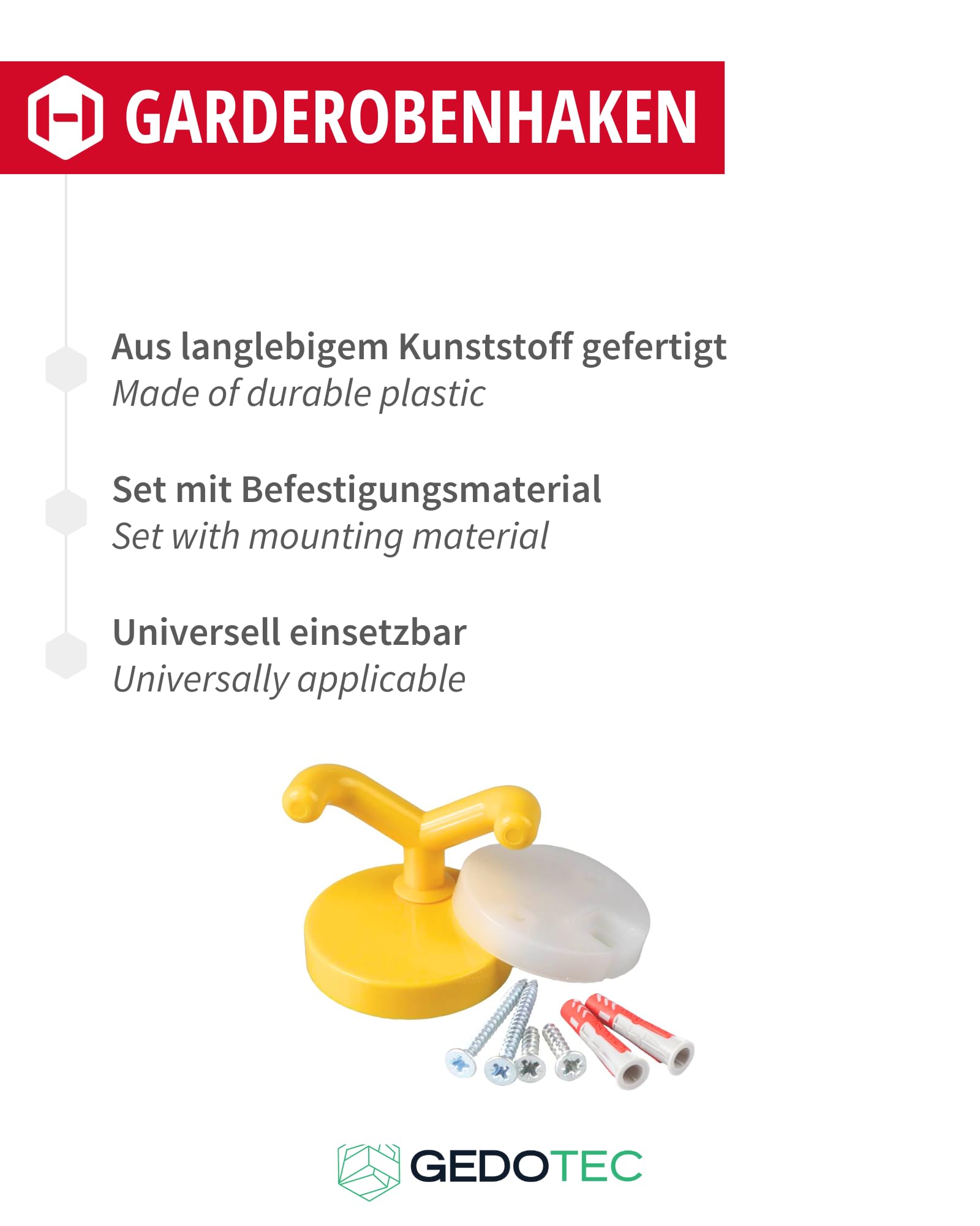 Gedotec Garderoben Haken zum schrauben - Kleiderhaken | KITA-2 | 5 Stück Wandhaken Gelb - Höhe: 50 mm | Garderobenhaken aus Kunststoff inkl. Befestigungsmaterial | Haken zum Schrauben - Wandmontage