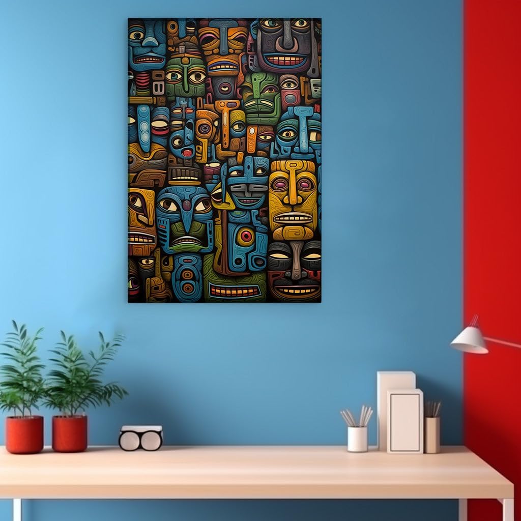 Canvas for Living room. Mosaic of Masks: An Explosion of Color and Pop Art Intrigue, 27 x 18 inch Canvas Wall Art - Contemporary Masterpieces - Modern Home Decor