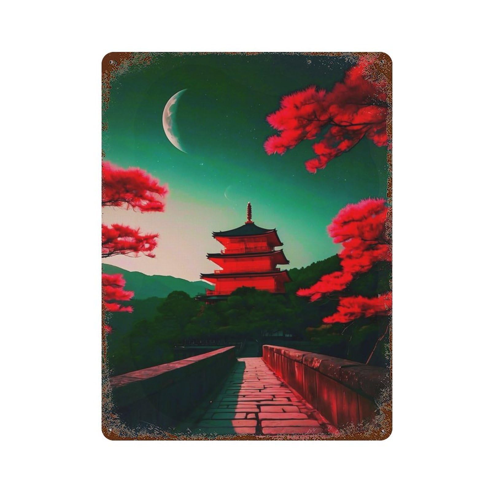 Japan View Castle Rustic Tin Plaque 15.7"x11.8", Farmhouse Wall Decor for Shed, Workshop And Garage Wall Decor