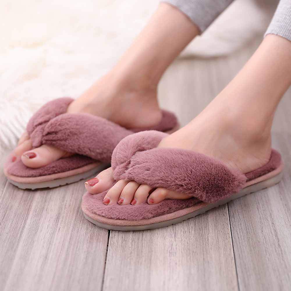 YHQZNLXQ Rosa Flauschige Hausschuhe Damen, Slides Winter Flip Flops Warme Bequeme Flauschige Hausschuhe Lady House Weiche Schuhe Flache Schuhe für Indoor Outdoor Flache Sandalen Damen