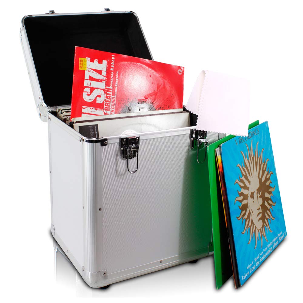 LP 100 x 12" Vinyl Record Storage Box DJ Case with Anti-Static Cleaning Cloth, Silver Finish, Foam-Lined Flight Case with Lockable Latches, Stackable Design and Removable Lid for LP Albums