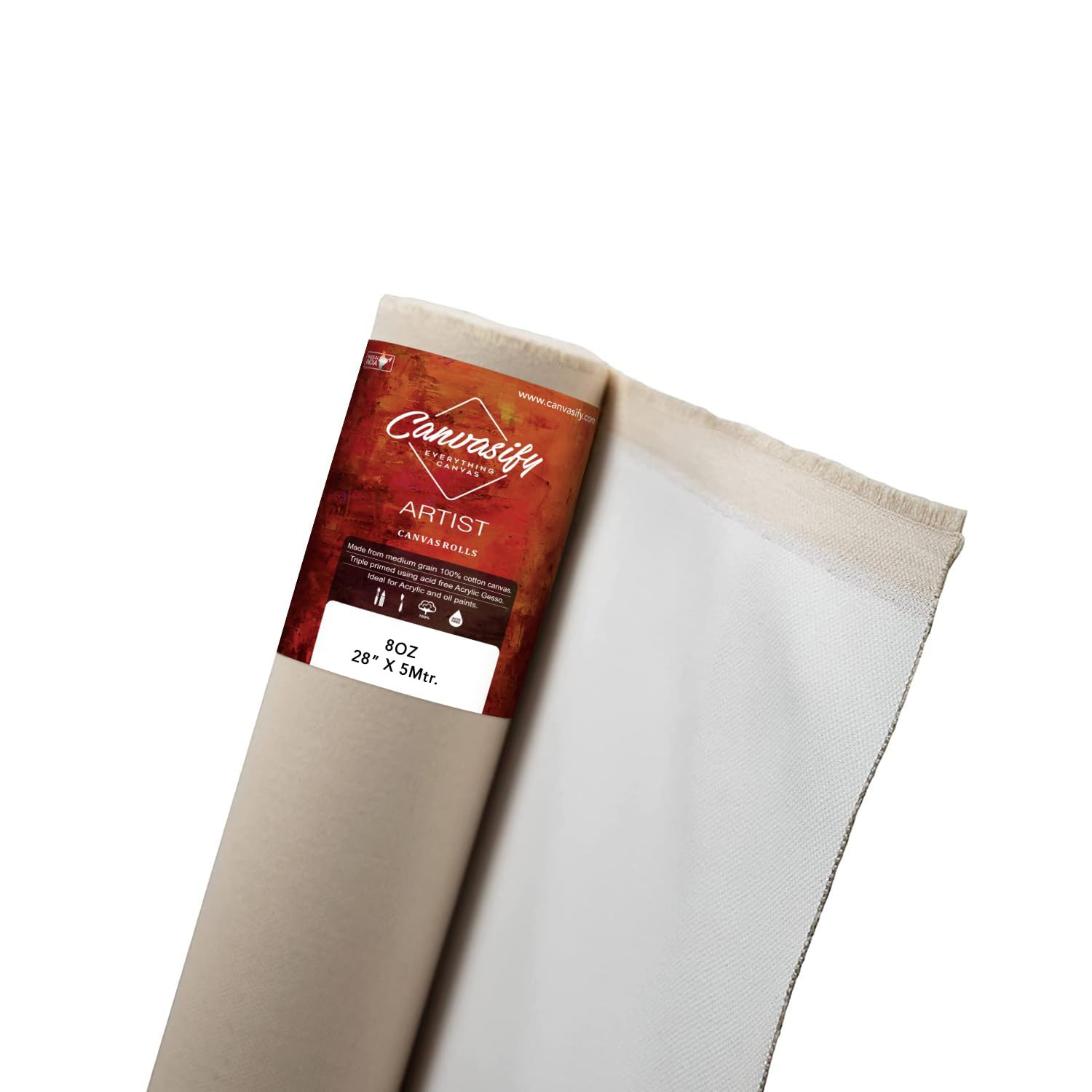 Canvasify 08 Oz Primed Cotton Medium Grain Canvas Roll, Ideal for Oil & Acrylic Painting, White (28" X5mtr) 1