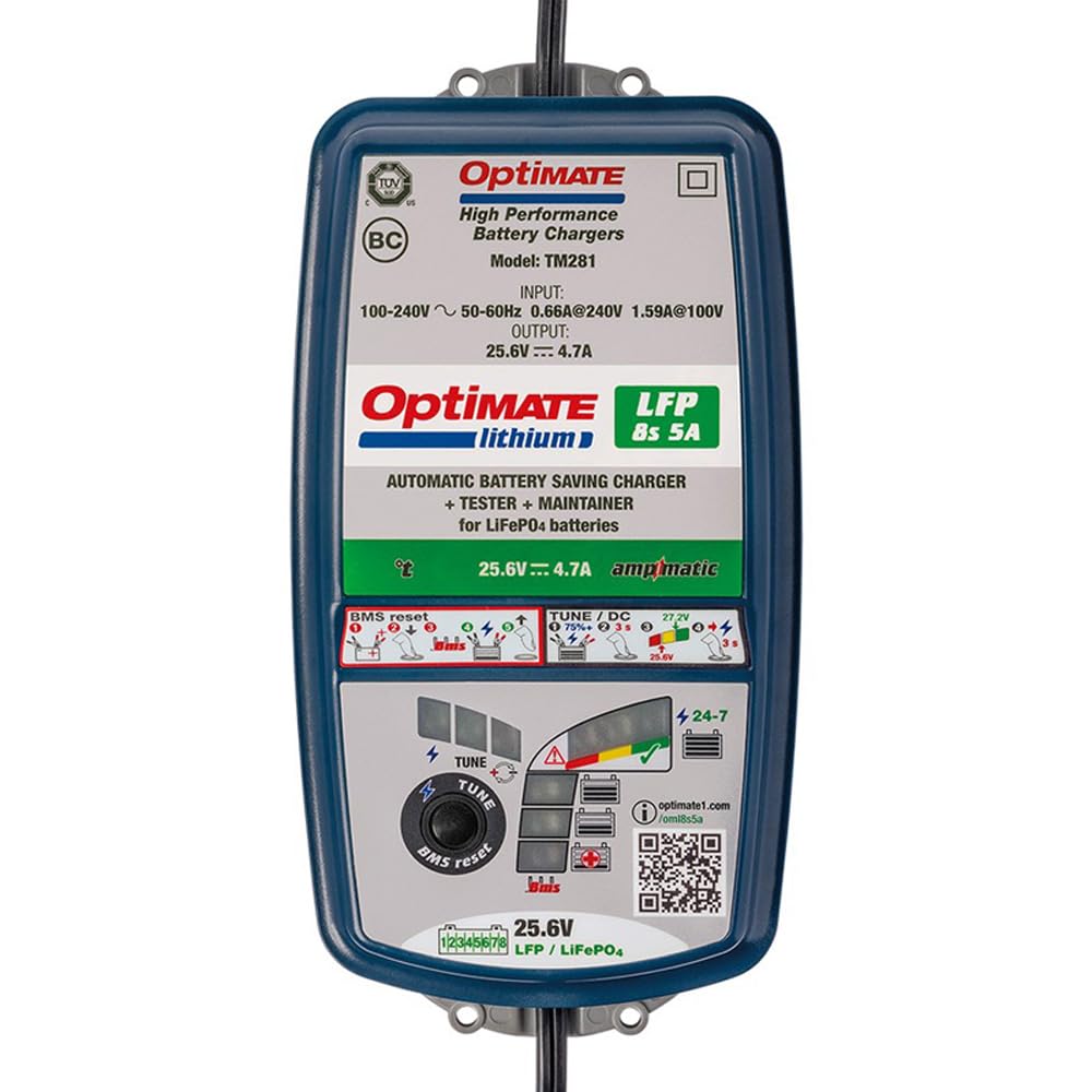 TecMate OptiMate Lithium 8s 5A, TM-280, Cargador-mantenedor con Modo de recuperación para baterías Selladas de 25.6V/26.4V y 5A en 10 Fases