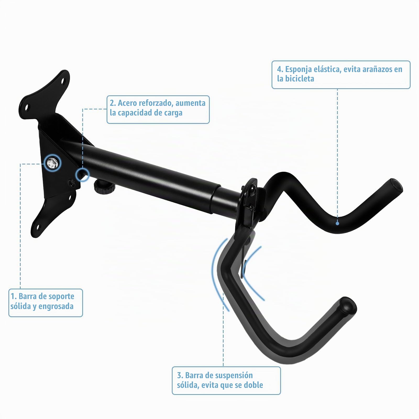 Soporte Pared Bicicleta Juego de 2, Soporte Bicicletas Pared de Acero Hasta 22 kg, Colgador Bicicleta Pared Acolchado Extra Suave, Ángulo y Distancia Ajustables, para Bicicleta de Carreras, MTB