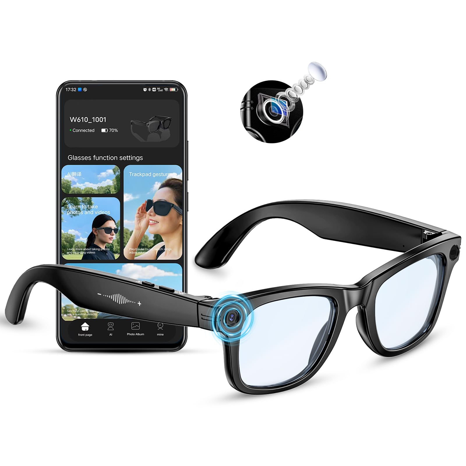 Occhiali con Telecamera 8MP, Smart Glasses Ai con Chiamate Bluetooth & WIFI, Occhiali Intelligenti con Traduzione AI in Tempo Reale/Riconoscimento di Oggetti, Occhiali Da Sole Bluetooth Uomo Donna