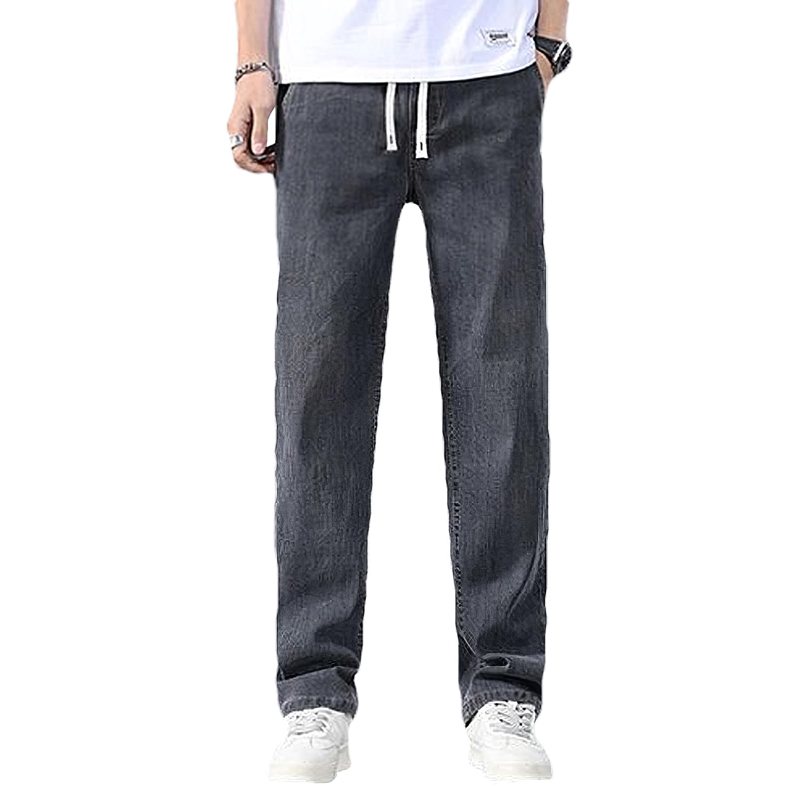 Homme Été Jean en Lyocell Fin et Léger Pantalon en Denim à Taille Élastique et Coupe Droite avec Cordon de Serrage