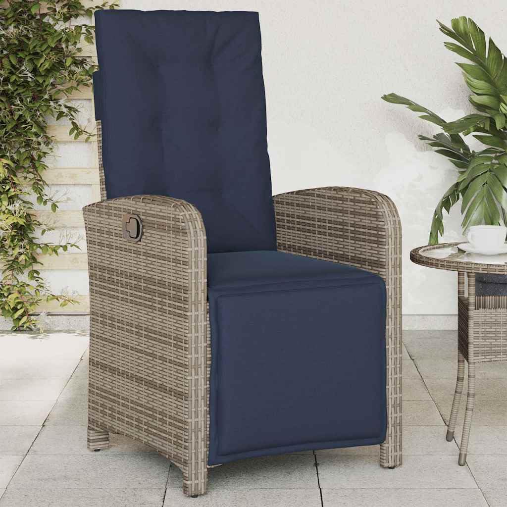 Poltrona da giardino con poggiapiedi, regolabile, in polyrattan grigio, per balcone e giardino, robusta, resistente ai raggi UV, con comodi cuscini