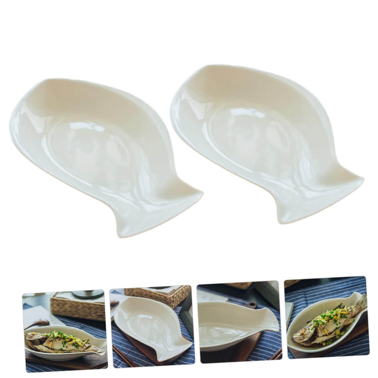 Cabilock Bandeja para Almacenar Alimentos de Cerámica Blanco Forma de Pez, Microondas y Fácil de Limpiar, Adecuado para Restaurantes y Servicios de Hostelería, Pack de 2 Unidades