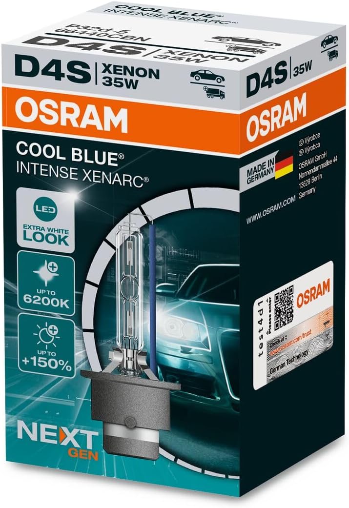 OSRAM Xenarc Cool Blue® Intense D4S, +150% more brightness, up to 6,200 K, Xenon headlight bulb, LED look, folding box (1 lamp)