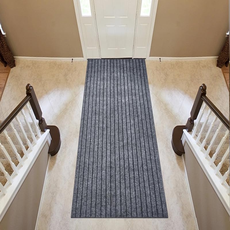 Image of TIB Anti-Slip Door Mat with PVC Rubber Backing, Water & Stain Resistant Striped Floor Mat for Home Entrance, Bathroom & Kitchen, Durable Non-Woven Surface,Easy Clean Doormat,4x19ft,Grey