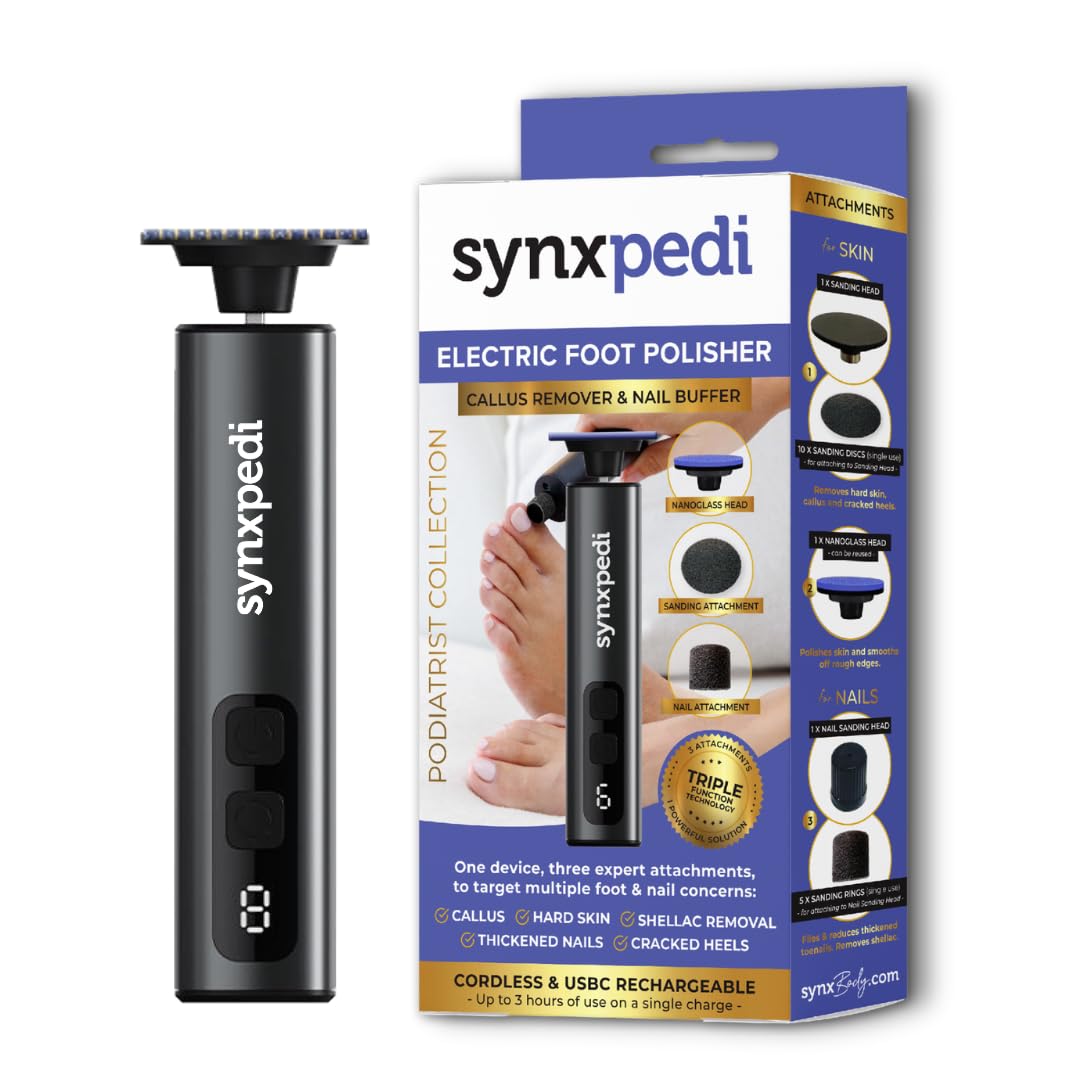 Synxpedi Polisseuse électrique 3 en 1 pour les pieds - Exfoliant pour les callosités, les peaux dures et craquelées avec polissoir à ongles