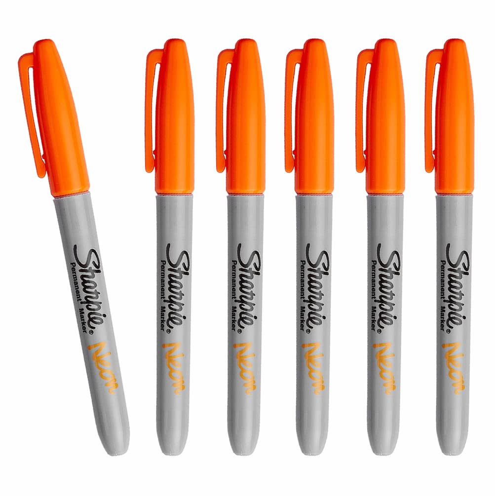 6 x Sharpie Neon Glow in the Dark Permanent Marker Pens, Fine Point Tip, Orange Colour Ink - Marks on Almost Any Surface - Loose in Plain Packaging