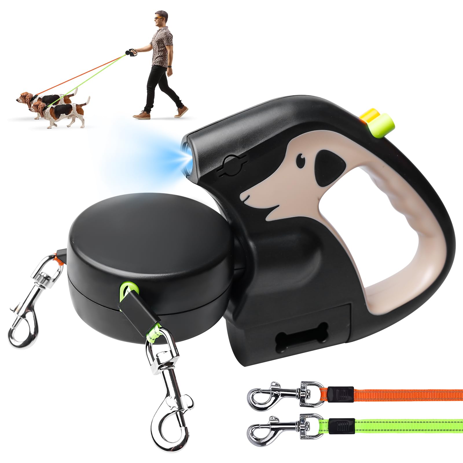 Guinzaglio Doppio Retrattile, Doppio Guinzaglio Per 2 Cani, Cani Con Luce, Guinzaglio Per Da 3 Metri 180° Per Allungabile Con Comoda Impugnatura Ergonomica(Marrone)