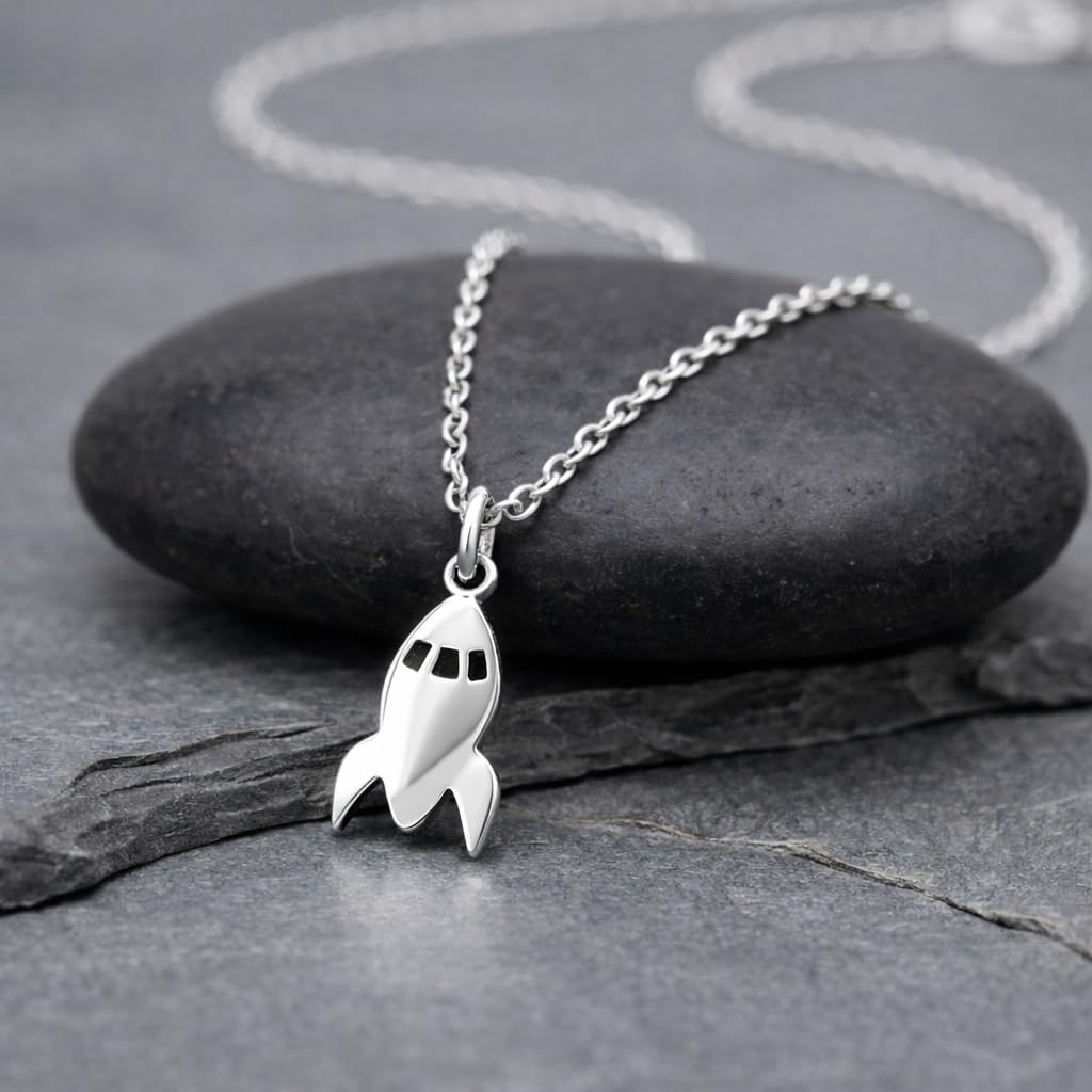 EnCharmed Tiny Retro Rocket Ship Charm Necklace for Women, Sterling Silver Dainty Handmade Necklace, Outer Space Sci-Fi Pendant, Everyday Minimal Layering Jewelry, 18"