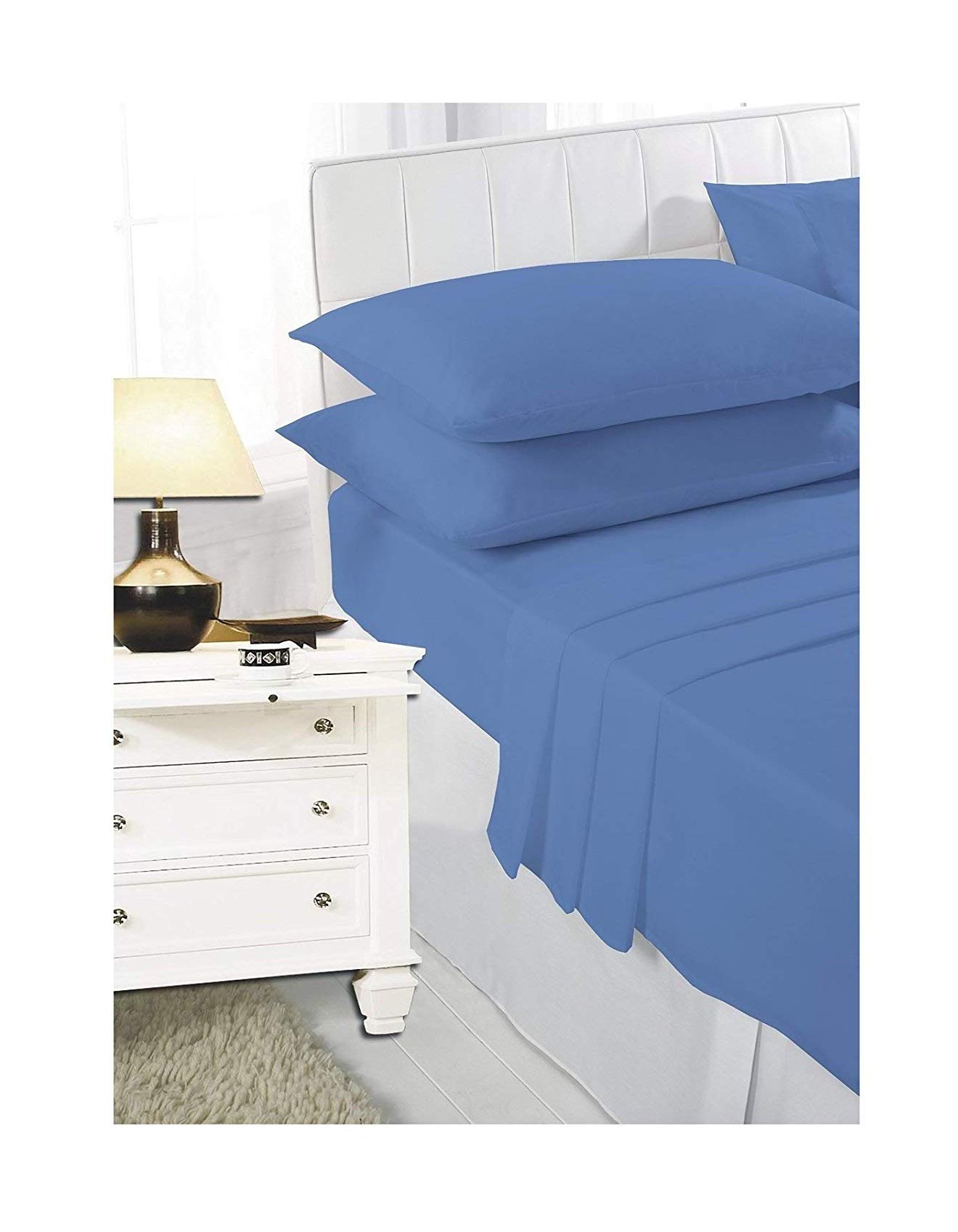Casa D'Or NEW LUXURY PLAIN DYED POLYCOTTON FITTED FLAT BED SHEET SINGLE DOUBLE KING SIZE BEDDING (Blue, Double Fitted Bed Sheet)