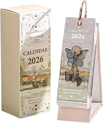 Calendario con tapa de pintura al óleo de estilo europeo vintage 2026, organizador mensual y diario con colgante de mariposa, elegante planificador