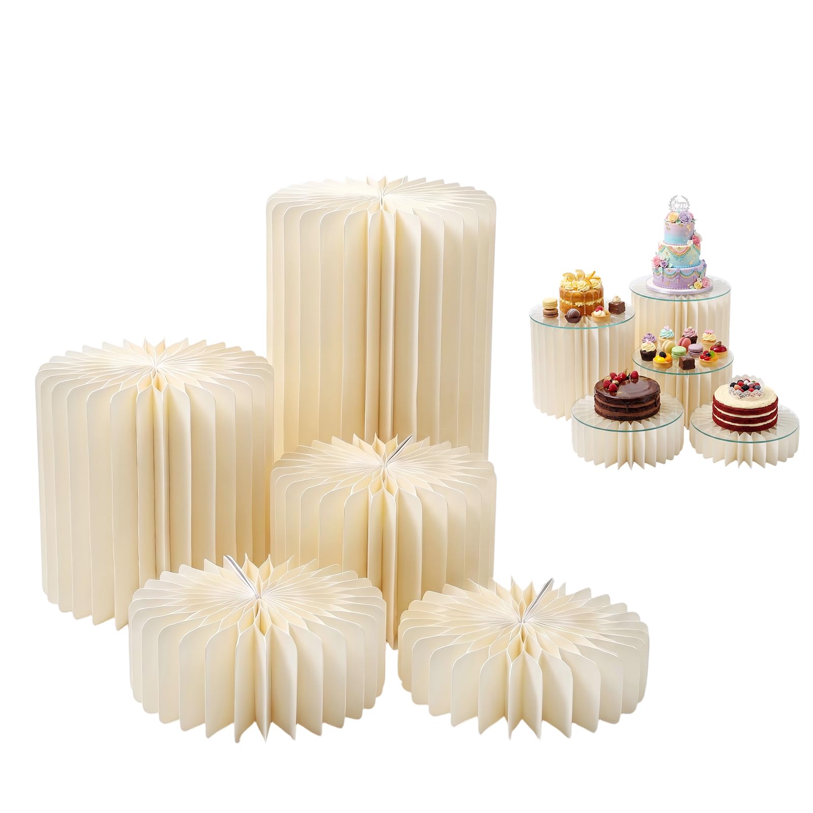 Gohytal Juego de 5 Columnas Decorativas de Cartón de 10/15/20 cm, Elevadores de Buffet Apilables Soporte para Tartas Reutilizable para Bodas Cumpleaños Comuniones Exposiciones y Navidad