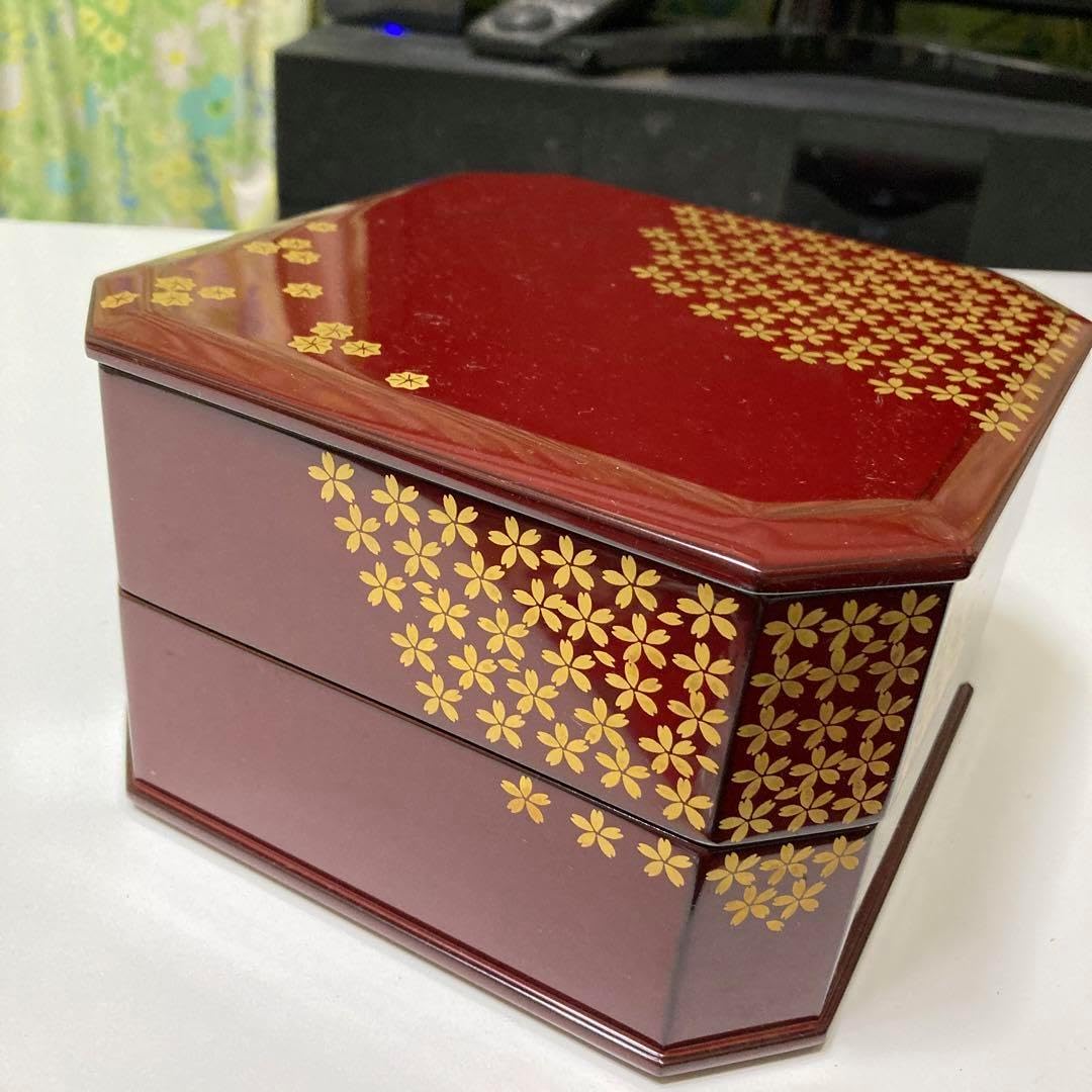 越前塗 桜 重箱 行楽弁当 朱色 二重 名 レトロ 漆器