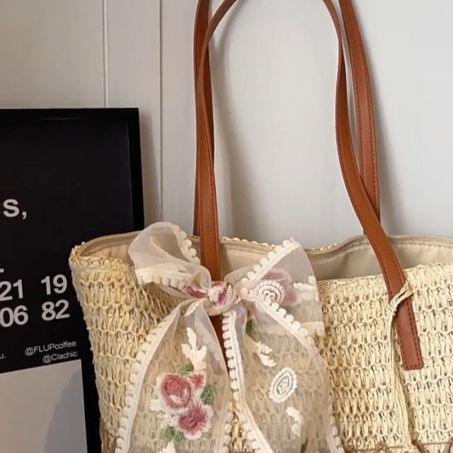 Bolso Tote de Playa de Paja para Mujer, Grande con Cierre miniatura 7