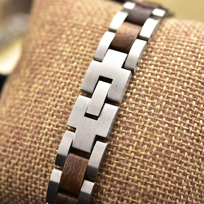 Herren Edelstahl Armband mit Edlen Holz Elementen Inklusive Geschenkbox und Werkzeug für die Größenanpassung 20 cm Länge, Massive und Stabile Ausführung
