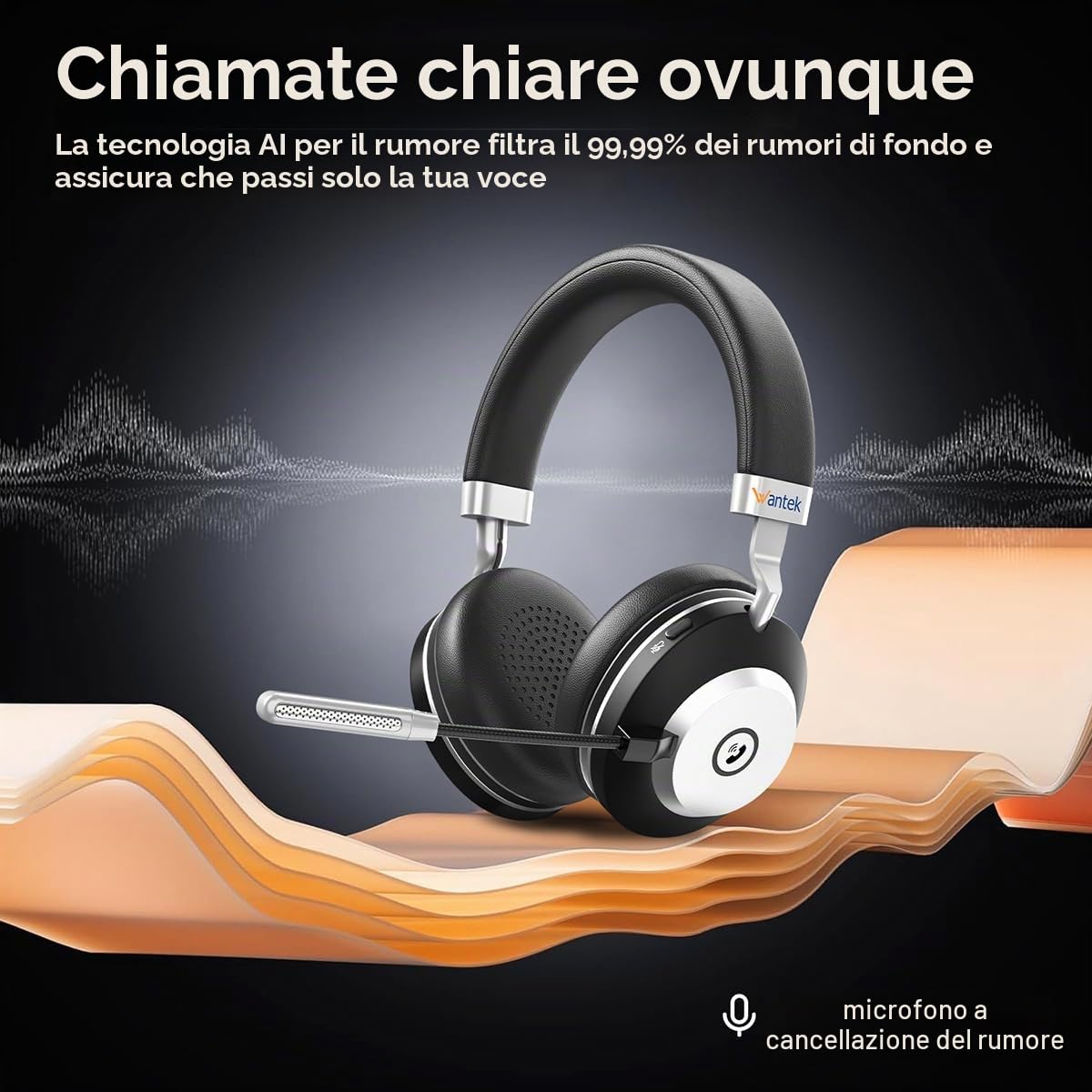 Wantek Cuffie senza fili Bluetooth con microfono dongle USB senza fili con microfono, dongle USB per PC/Ufficio/Zoom/Skype/Laptop