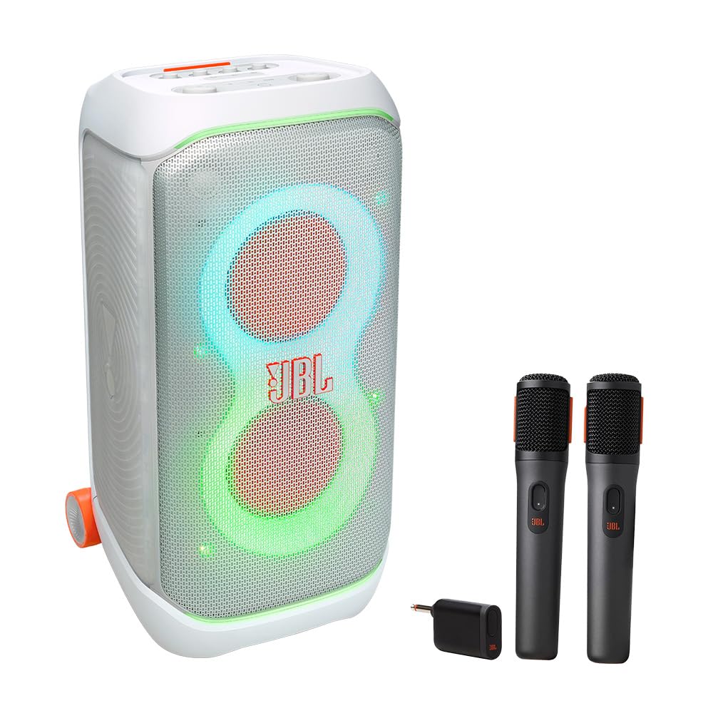 JBL PartyBox Stage 320 - Altavoz portátil para fiesta con sistema de micrófono inalámbrico (blanco)