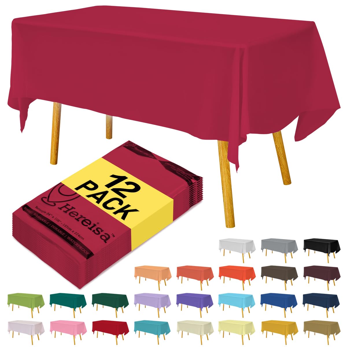 Hereisa Premium Disposable Table Cloth - 12 Pack, 54 x 108 Inch Table Cloths for Parties, Decorative Tablecloths for Rectangle Tables, Cerise Plastic