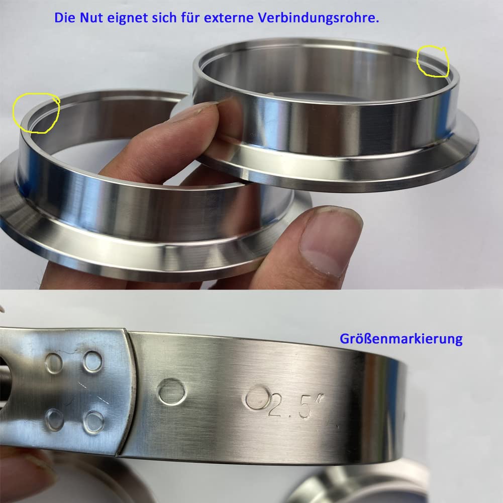 RCCT 2,5 Zoll Auspuff V-Band Schelle Edelstahl 304 Kit – mit 2PCS Male & Female Flansch, 63.5mm V-Band Clamp, Anschweißringe & Zentrierringe für Turbos (2.5In(63.5mm))