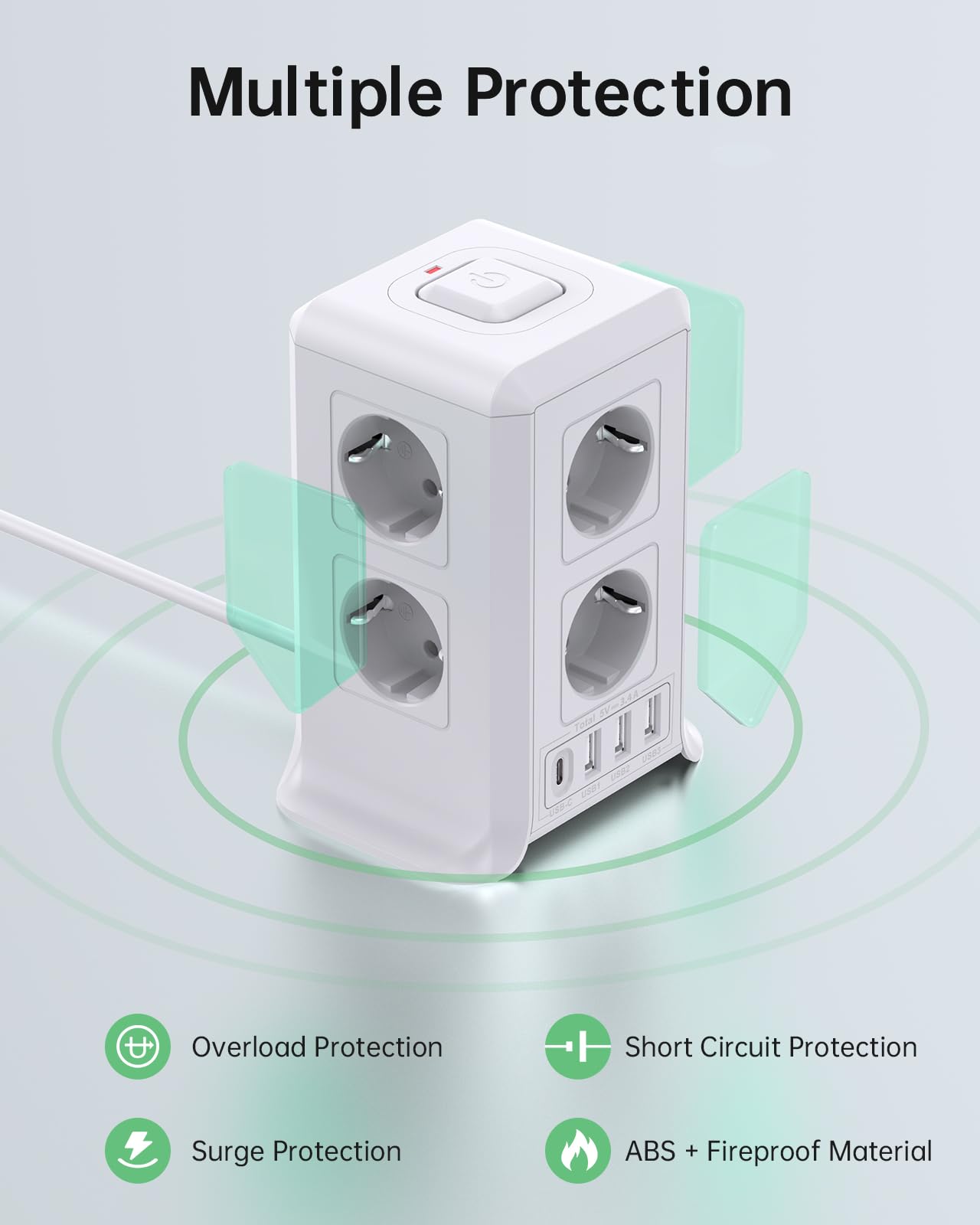 5M Presa di corrente multipla con interruttore, Sameriver 8 scomparti multipla presa di corrente con 4 USB, protezione contro le sovratensioni a più spine, cavo di prolunga da (Bianca,F Schuko)