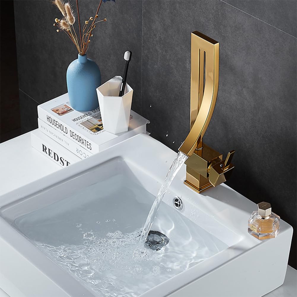 Rubinetto Lavabo Rubinetto Bagno Alto, Stile Moderno Ottone Monocomando Miscelatore Bagno Girevole A 360°, Miscelatore Lavabo, Oro