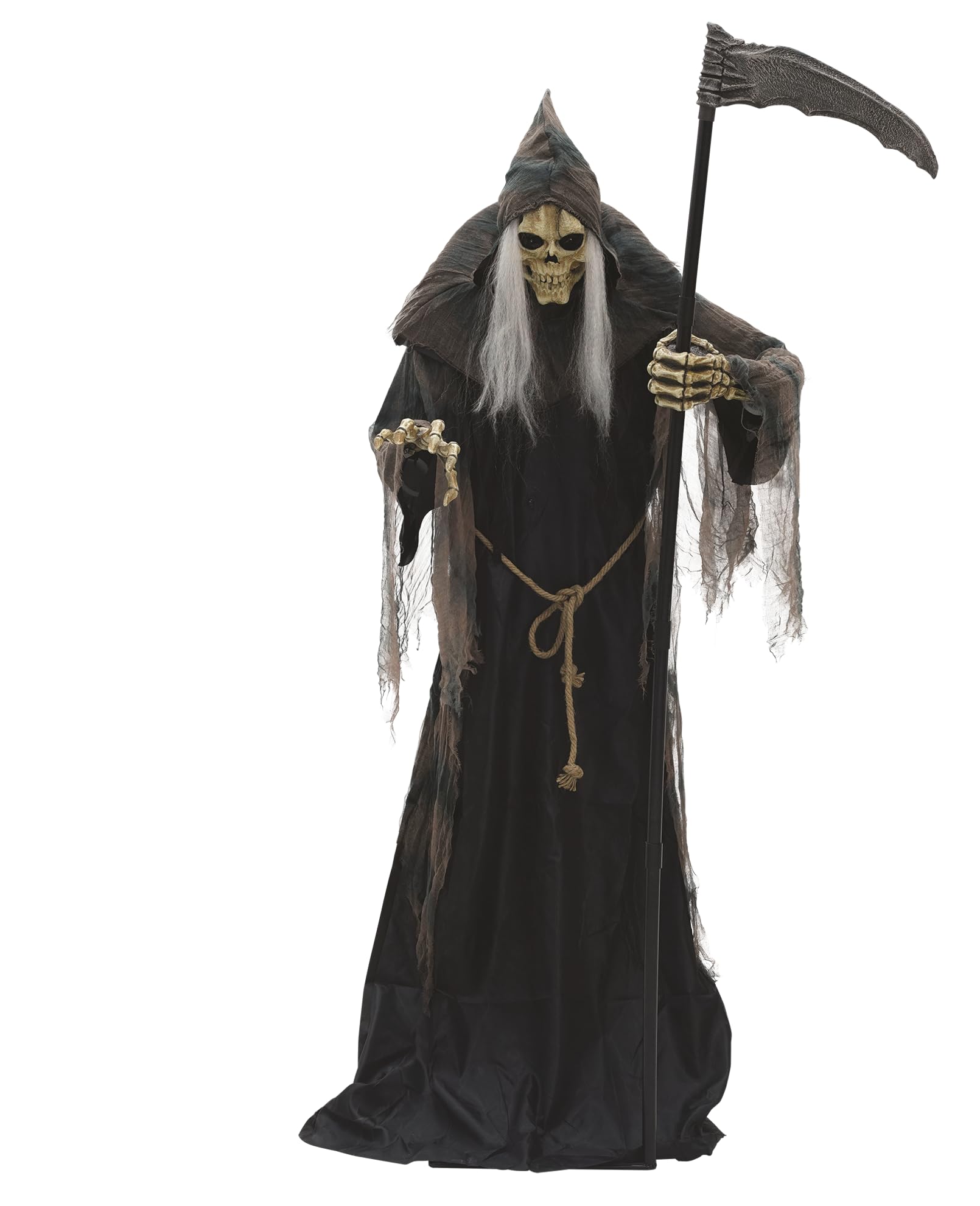 Animatronic XL Sensenmann 182 cm – Decorazione di Halloween per interni, feste, gotiche, figura a grandezza naturale, animata, occhi luminosi, busto mobile, sensore di movimento e suono