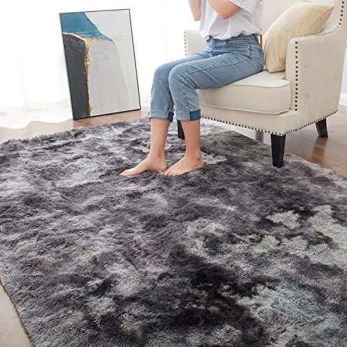 CHOSHOME Teppich Wohnzimmer Shaggy Hochflor Schwarz Langflor Kinderzimmer Modern Batik Jugendzimmer Flauschig Teppich Groß, Dunkelgrau/Schwarz 90x150CM - 6