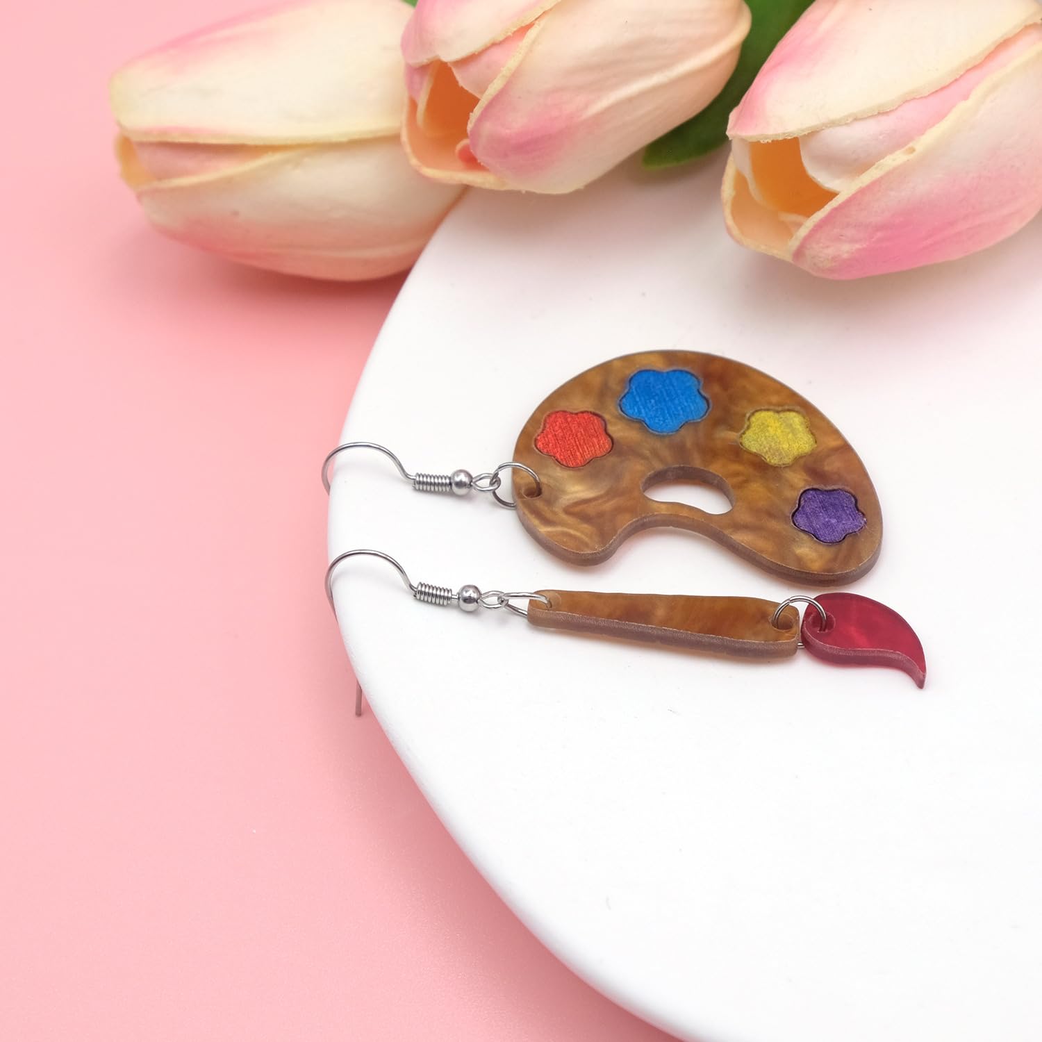 MALOYANVE Artist Paint Brush Earrings for Women Wooden Elegant Art Artist color Palette Dangle Drop Earrings Suitable For Artist Holiday Party Gifts