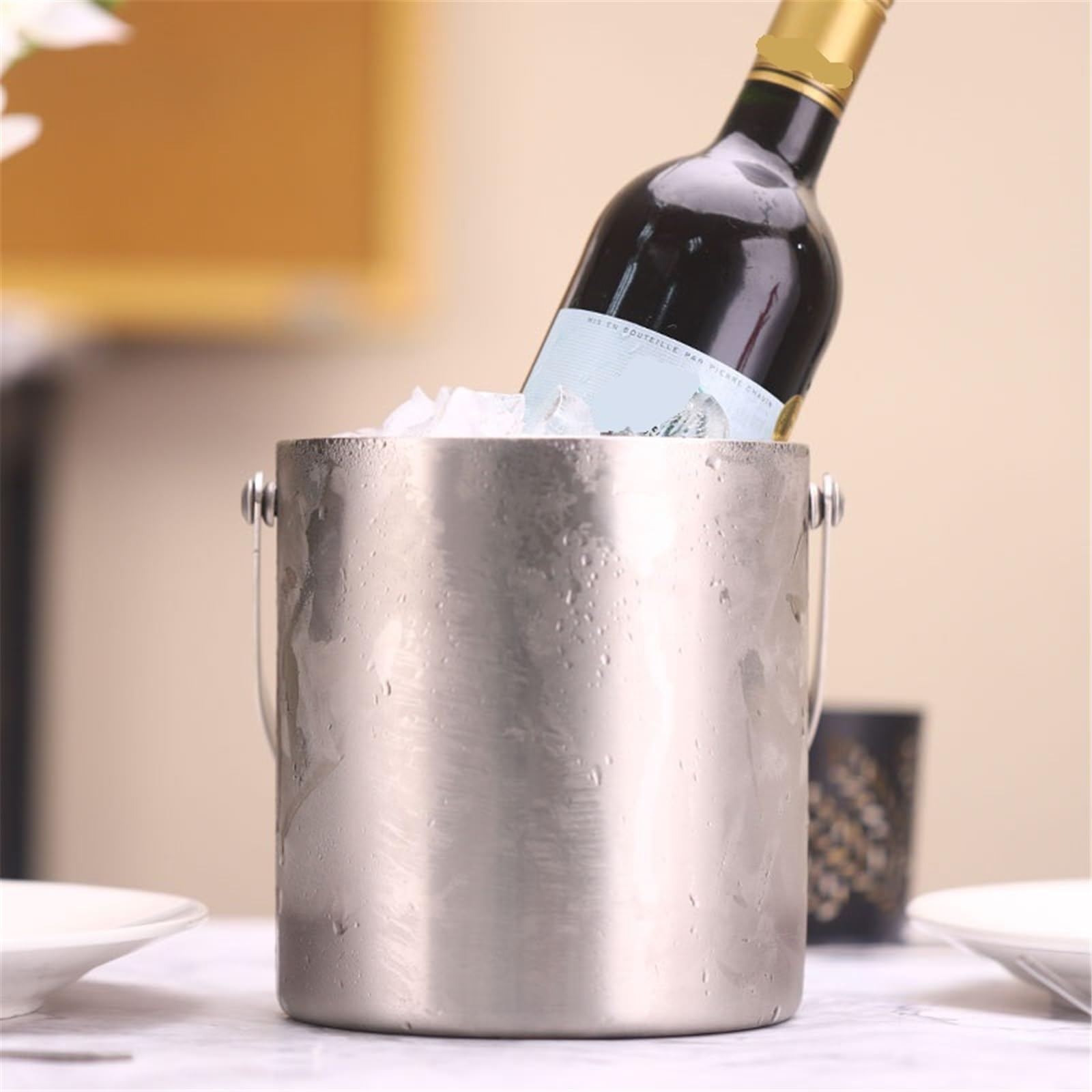 Cubo de hielo de acero inoxidable con asa y tapa, ideal para fiestas, eventos y entretenimiento, duradero, fácil de limpiar, diseño portátil