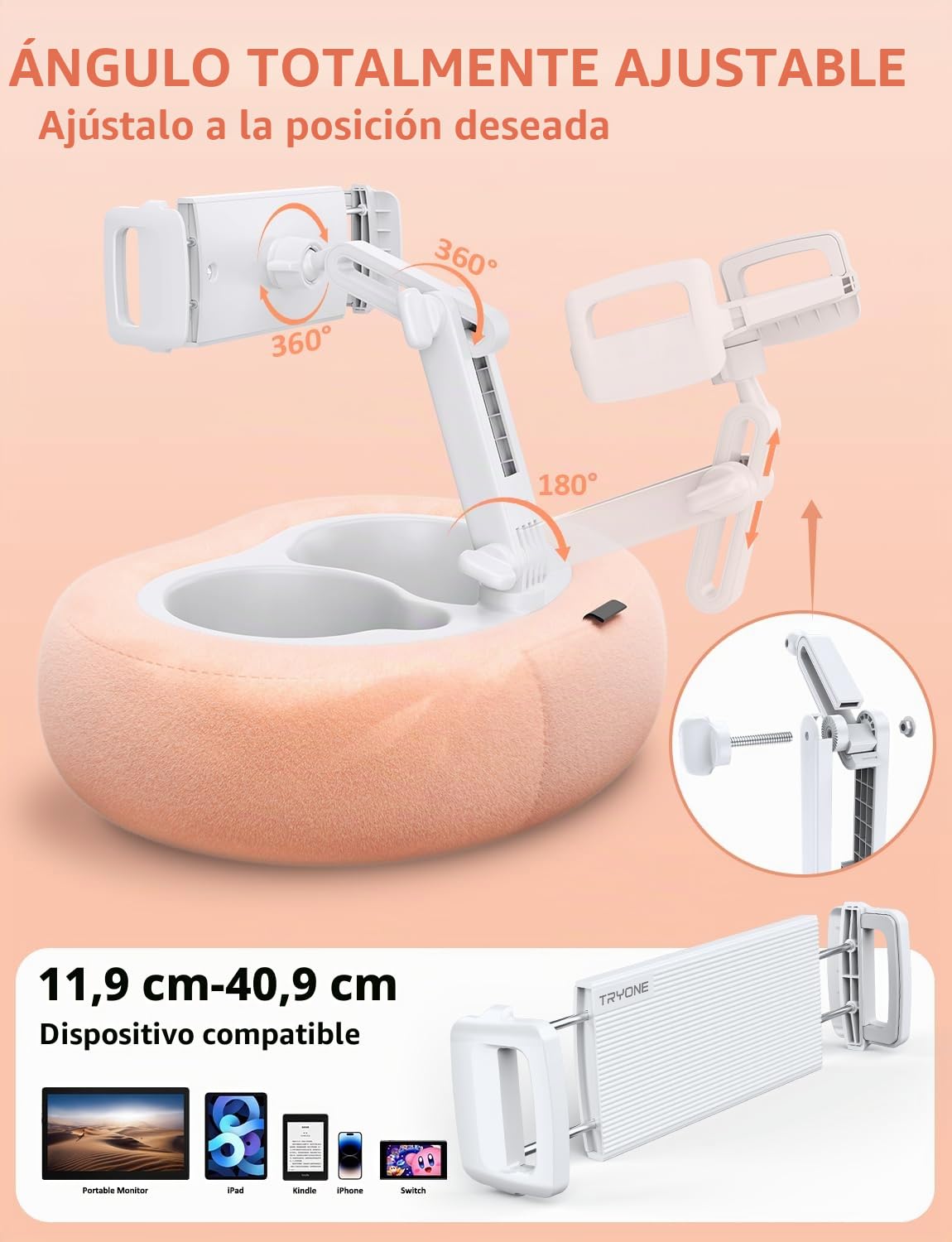 Soporte para Tablet y Sostén de Cojín para E-Reader con 2 Bandejas Desmontables & Cojín de Felpa Suave para Cama/Regazo Compatible con Kindle, Kobo, iPad, iPhone, Android, Otros Dispositivos 4,7–16.1″