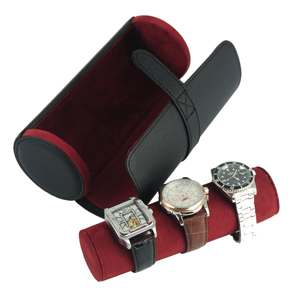 TIMELYBUYS Caja de reloj de viaje Saffiano de lujo con 3 relojes y rollo de joyería