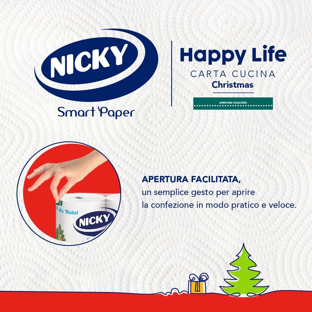 Nicky Happy Life Christmas - Carta Cucina Natalizia, 24 Rotoli Asciugatutto da 100 Strappi, Carta a 2 Veli, Apertura Facilitata, 4 decori natalizi diversi, Resistente ed Assorbente, Carta FSC