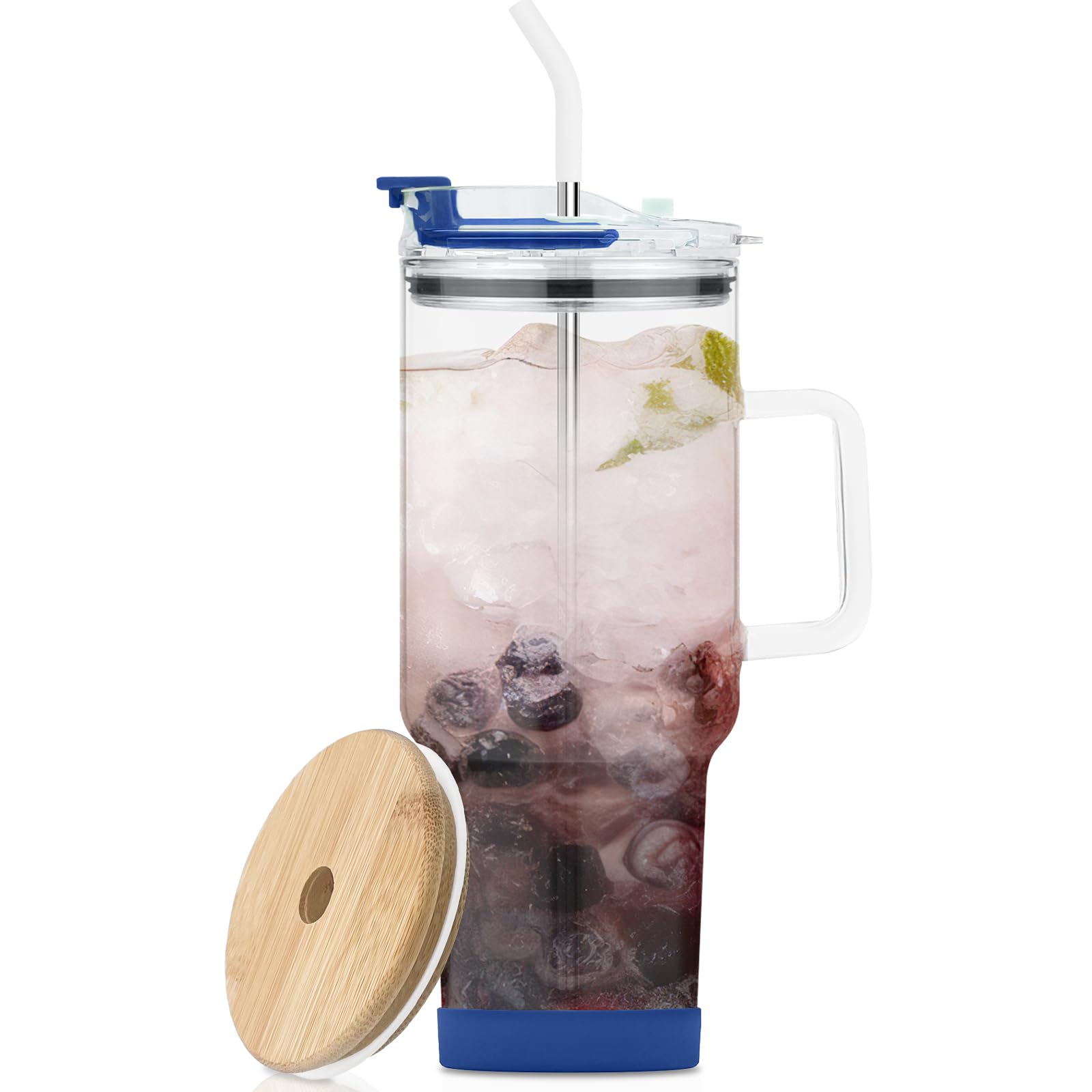 AiHeart 40oz Glass Tumbler with Straw and Lid,Glass Tumbler with Handle,Drinking Glasses with Silicone Coaster,Water Cup,Smoothie Cups,Ice Coffee Mug,