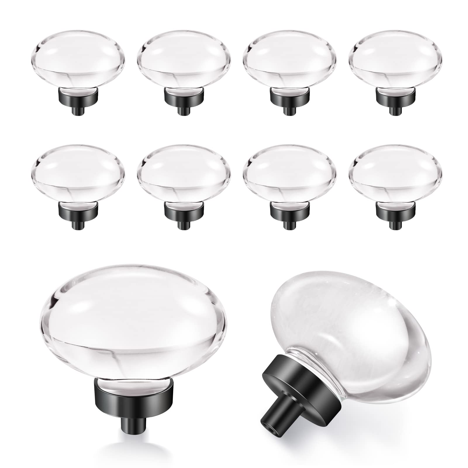 CLCTK 16 Pack Glass Cabinet Knobs and Pulls, Oval Crystal Knobs for Dresser Drawers, Matte Black Kitchen Cabinet Knobs Egg Shape