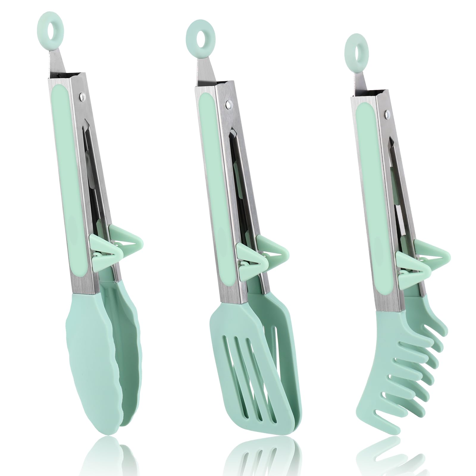 Set 3 Pinze Da Cucina In Acciaio Inox - Con Punta In Silicone, Per Barbecue, Pasta, Insalata, Verde