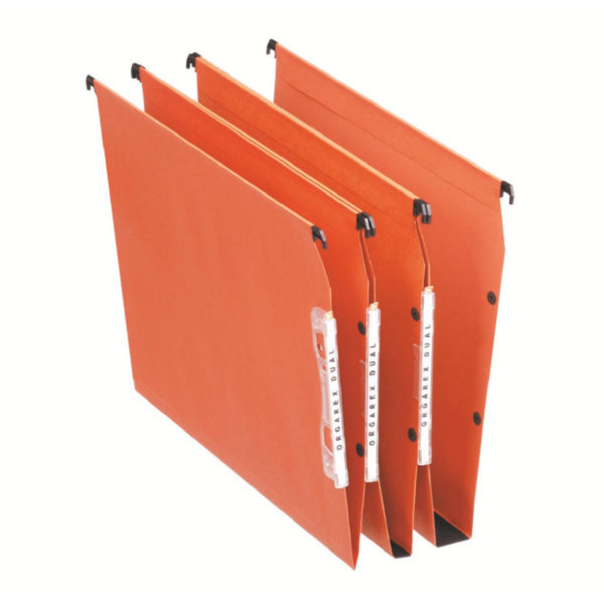 Esselte Dual - Dossiers Suspendus A4 Latéraux, Capacité 100 Feuilles, Fond en V, Entraxe 330 mm, Porte-​Étiquette Intégré, Lot de 25, Orange, 21627