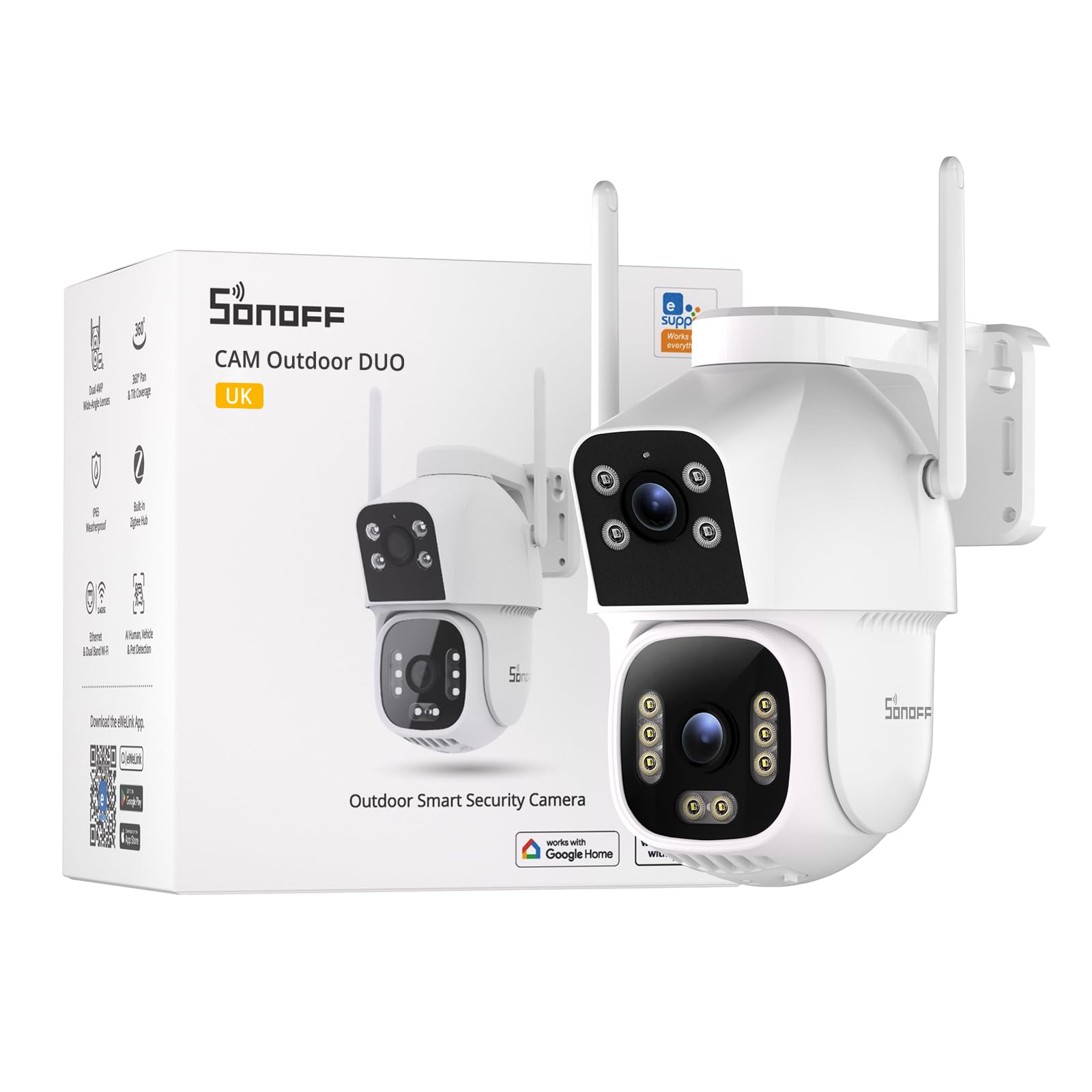 Sonoff White Cam Outdoor Duo 4+4Mp Dual Lens Ptz Security Camera Hub Cam-C44he | Device Hub, 2.4/5Ghz Wifi, Local Ai Detection, Color Night Vision, Ip65,Compatible With Home Assistant, Not Poe