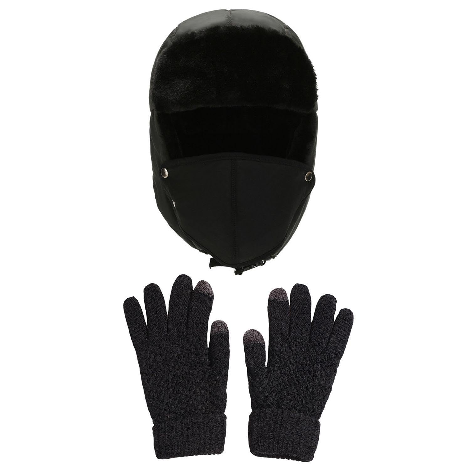 Ubsiuh Unisex Black 1 Piece Of Hat And 1 Pair Of Gloves, Winter Warmth Combination Suit, Windproof And Temperature-Locking Hat And Gloves, Suitable For Daily Travel, Outdoor Commuting, Winter Cold Protection.