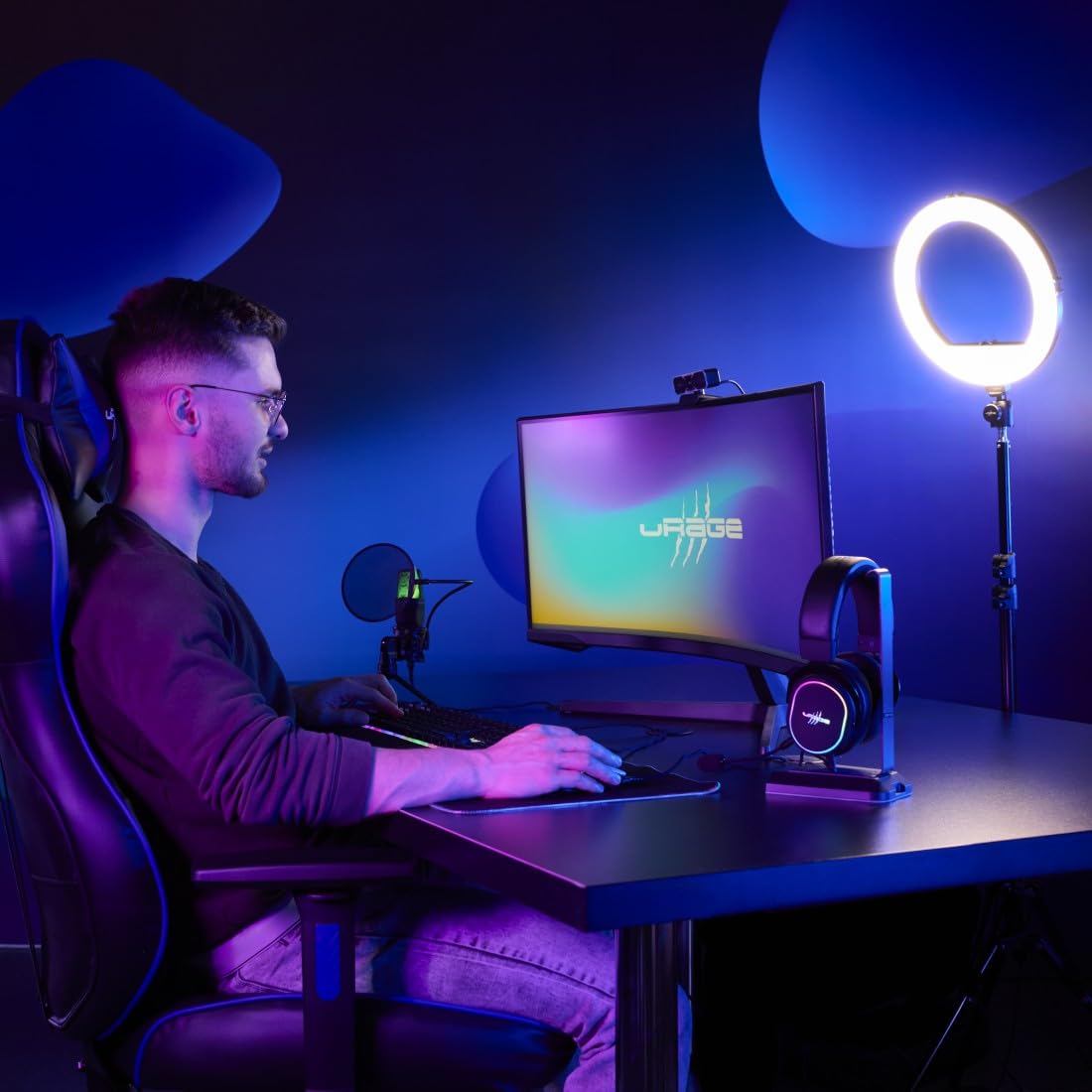 uRage LED-Ringleuchte Streamlight 900" (12“ Ring Light mit Stativ, 160 LEDs, 3 Farbtemperaturen, 10 Helligkeitsstufen, Handy- & Kamera-Halterung, Streaming Beleuchtung)