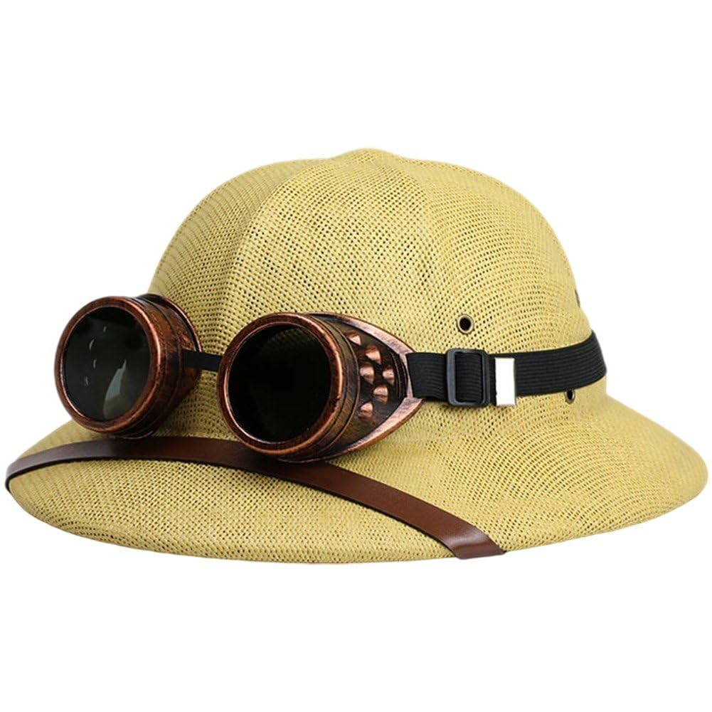 Fituenly Straw Helmet, Pith Sun Hat, Vietnam War Army Hat with Goggles, Classic Wide Brim Jungle Miners Cap for Beaches, Parks, Camping, Hiking
