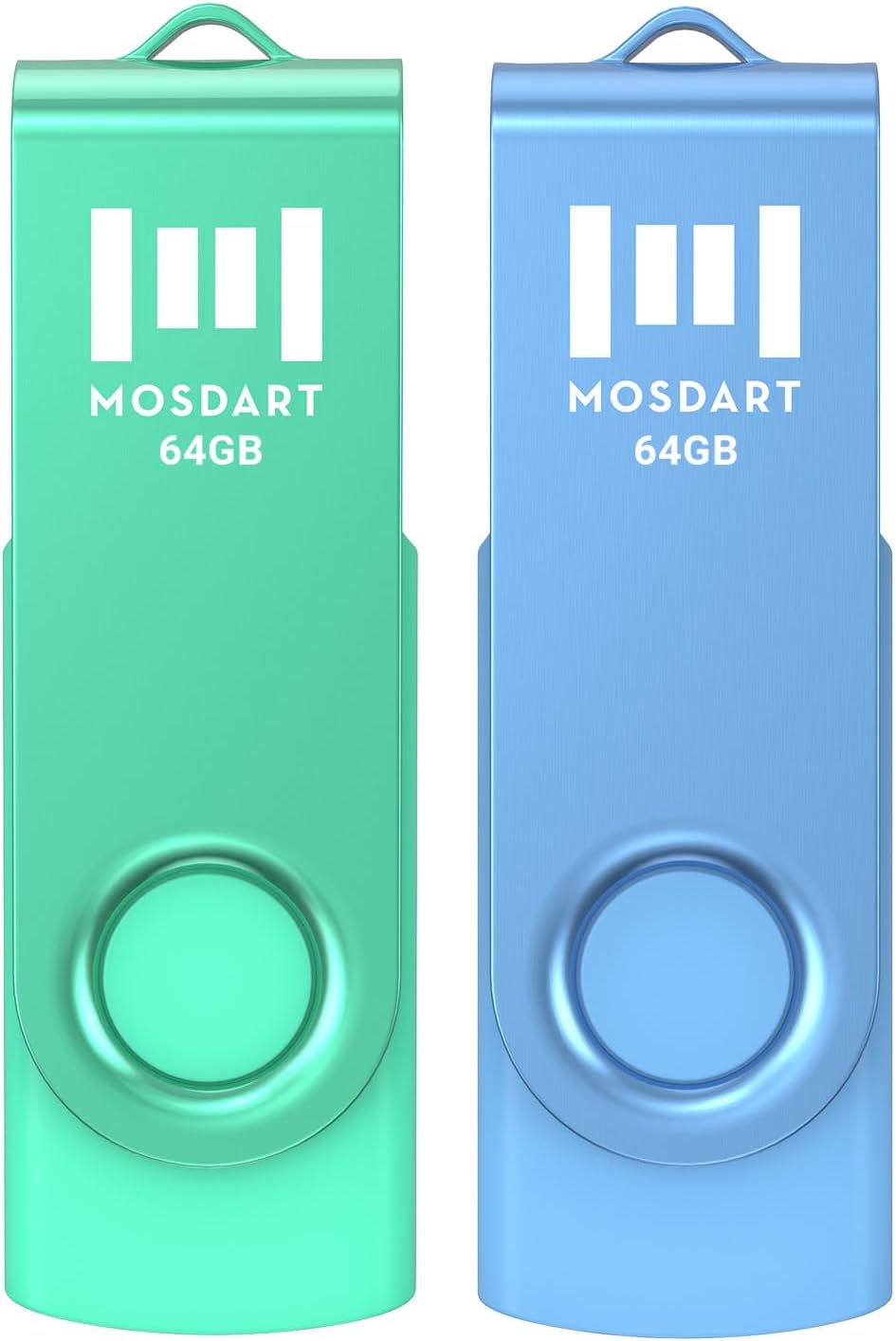 MOSDART 64GB USB 2.0 Flash Drive, with Keychain Loop, Swivel Design with LED Light, exFAT Memory Stick for Computers, System Backup, Data Storage Thumb Drive, Green and Blue (Pack of 2)