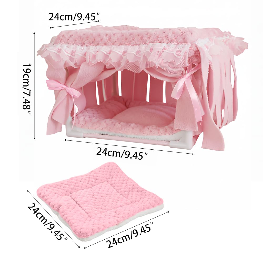 MiOYOOW Escondite de cobayas, cama para dormir para animales pequeños, casa escondite para hámster con cortina de flecos para conejillos enanos, conejillos de indias, deslizadores de azúcar, hámsteres